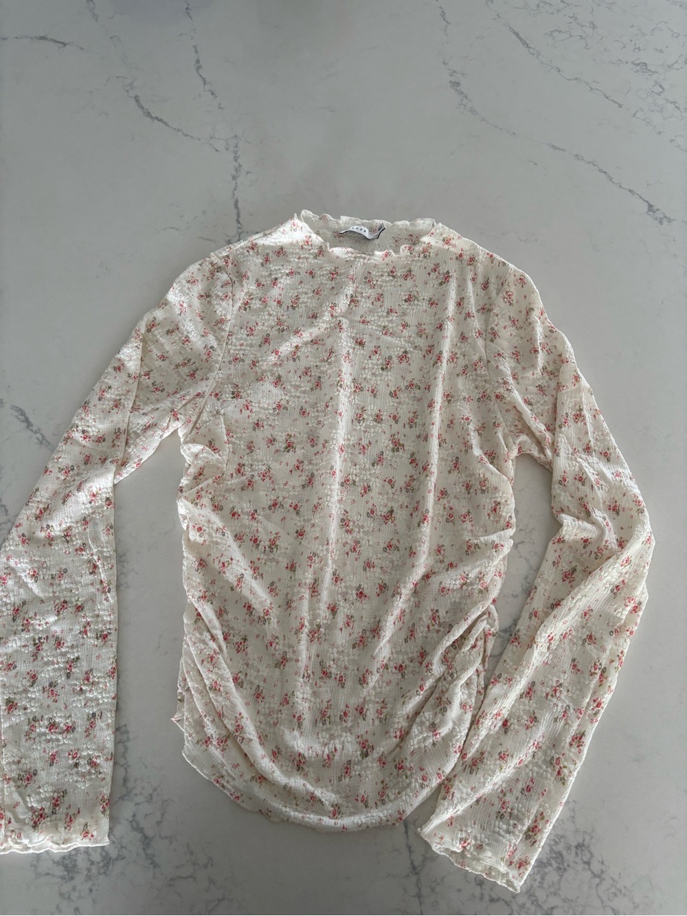 Lush Cream Long-Sleeve Floral Ruffle Neck Top with Pink Print